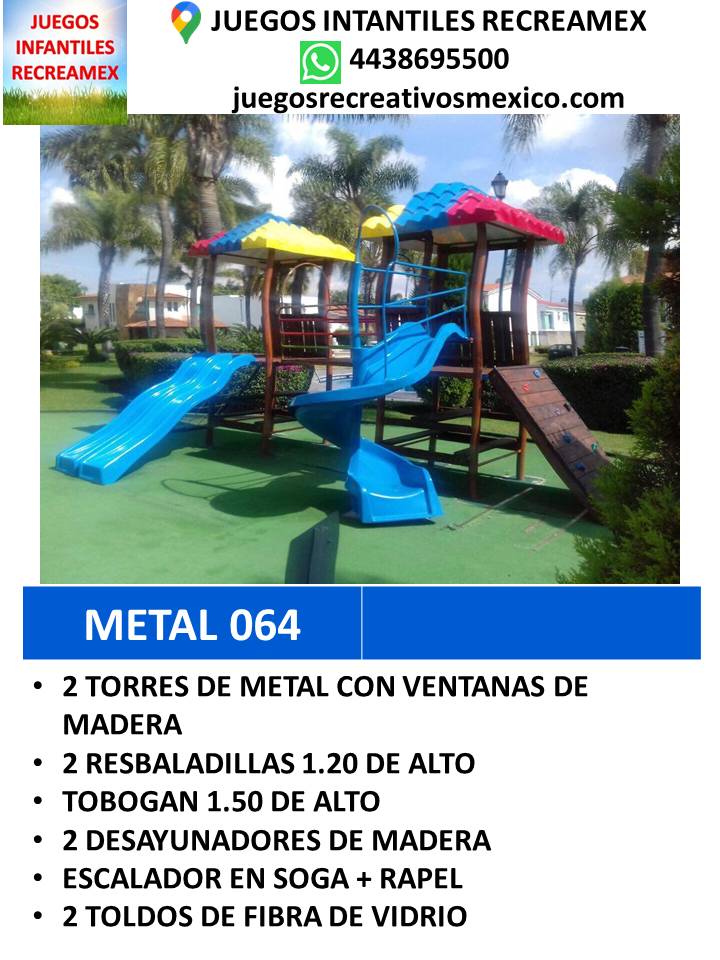 modulo de mteal con resbaladillas, toboganes, escalador en soga, rapelito, desayunador